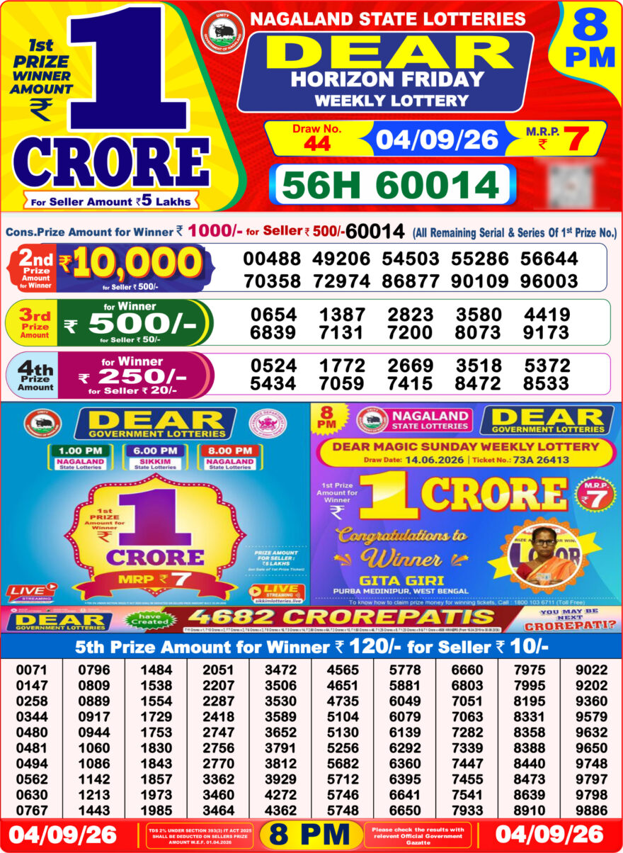 Dear Lottery Result 8PM 04 09 26