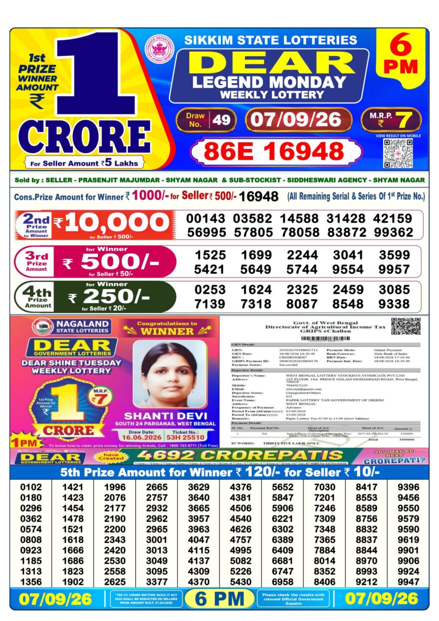 Dear Lottery Today Result 6PM 07 09 26