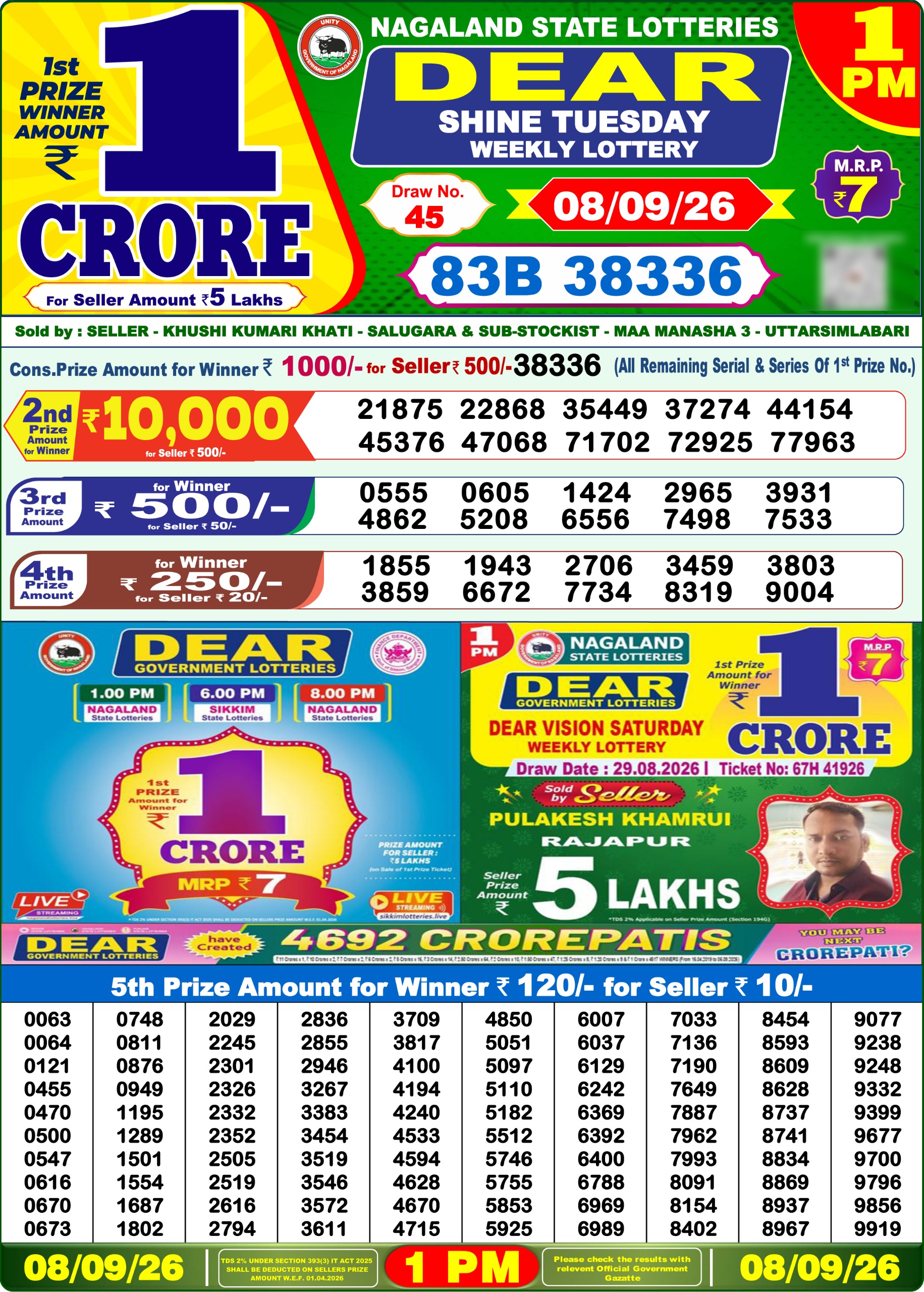 Dear Lottery Result Today 1PM 08 09 26