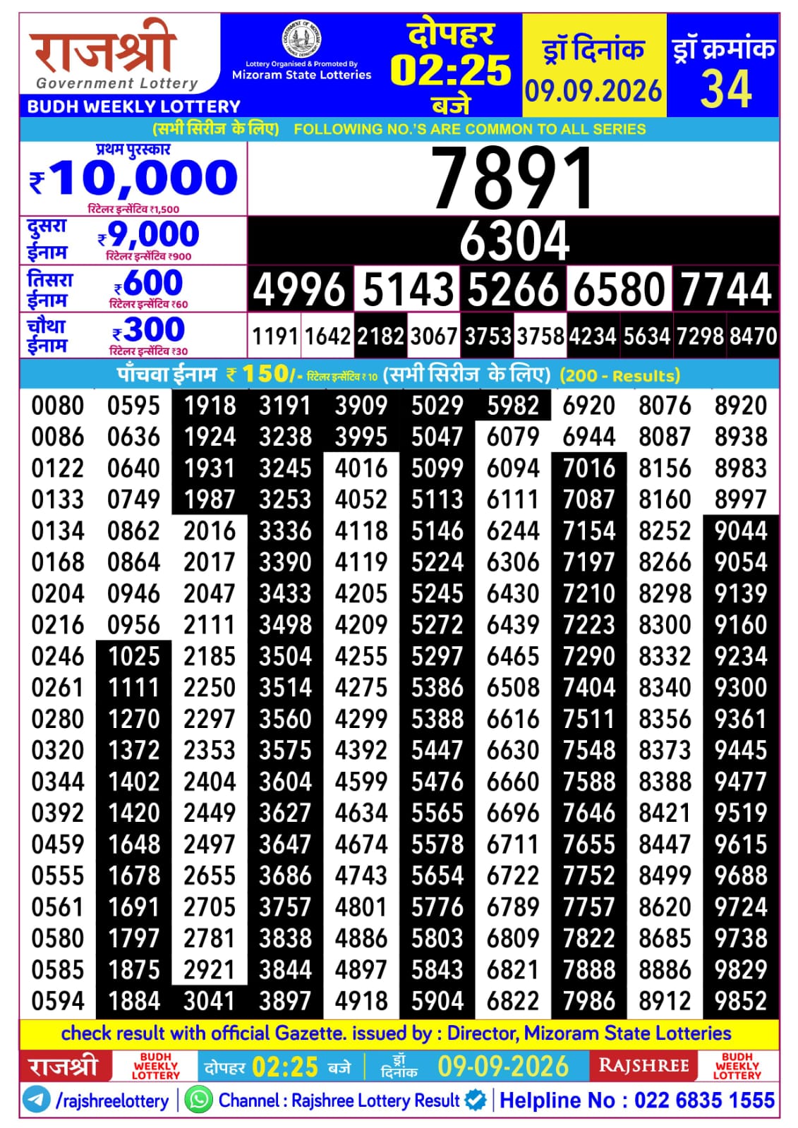 Rajshree Daily 2.25PM Result 09 09 26