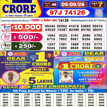 Dear Lottery Today Result 6PM 09 09 26