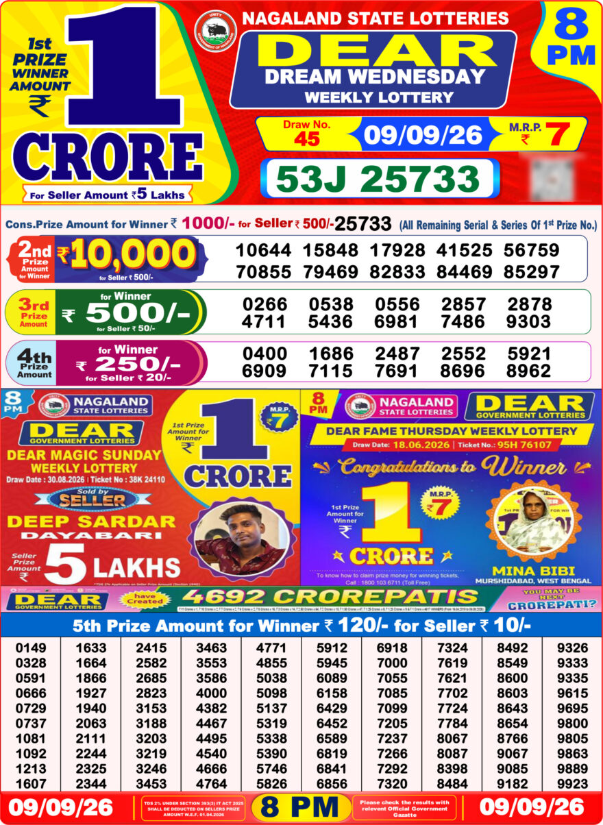 Dear Lottery Result 8PM 09 09 26