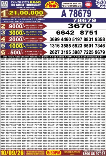 Punjab State Dear 50 Lottery 6:30PM Result 10 09 26