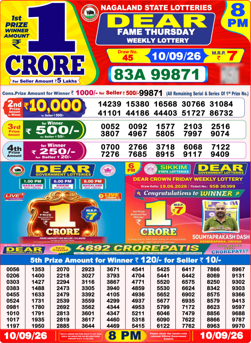 Dear Lottery Result 8PM 10 09 26