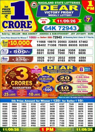 Dear Lottery Result Today 1PM 11 09 26