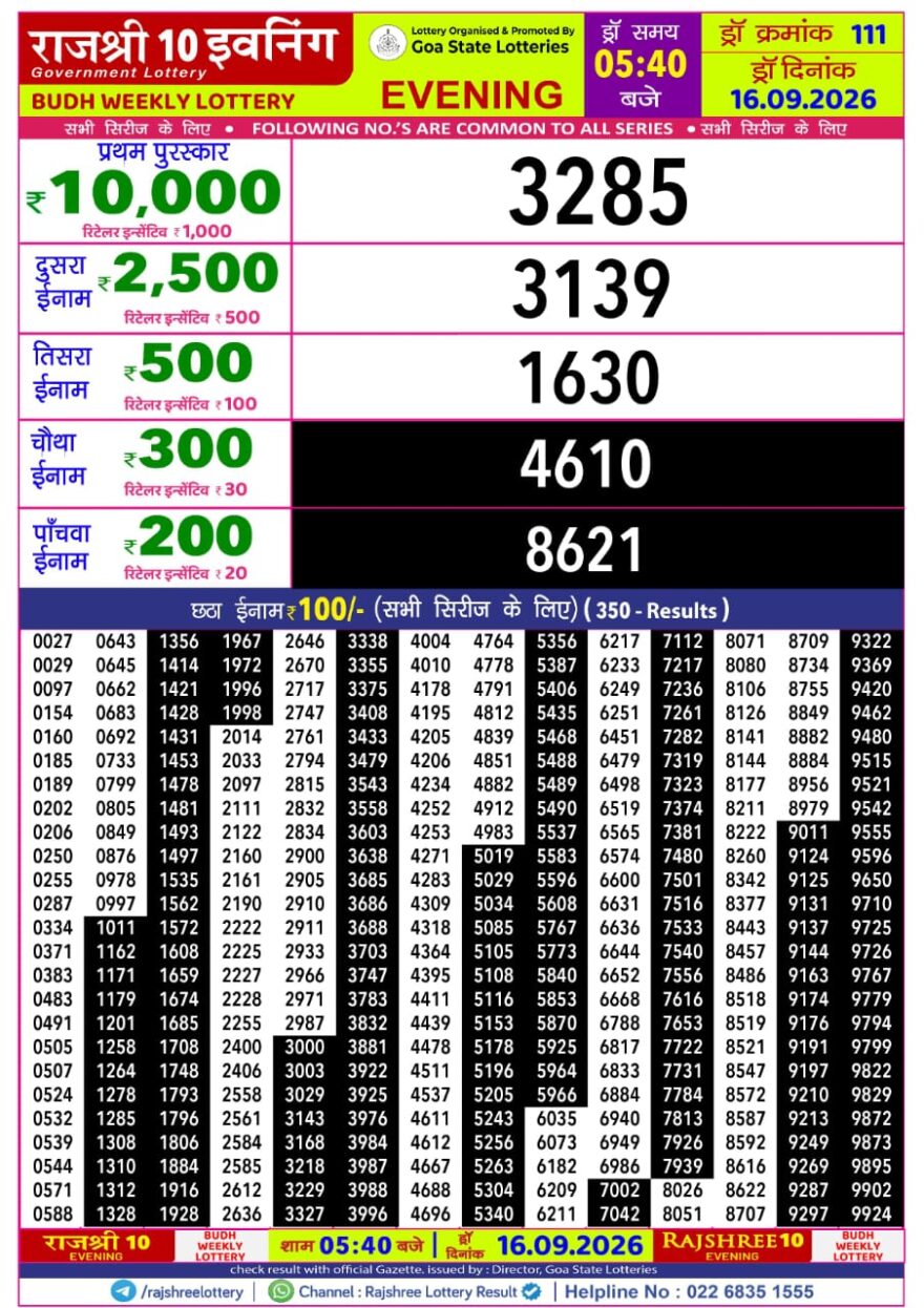 Rajshree 10 Evening 5:40PM Result 16 09 26