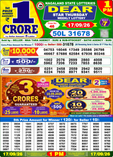 Dear Lottery Result Today 1PM 17 09 26