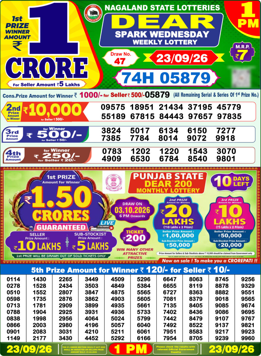 Dear Lottery Result Today 1PM 23 09 26