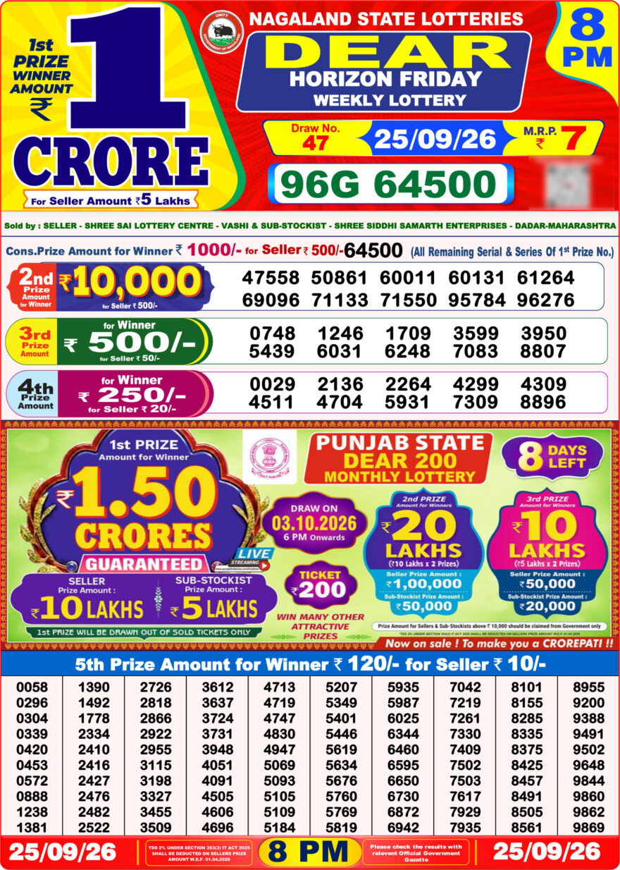 Dear Lottery Result 8PM 25 09 26