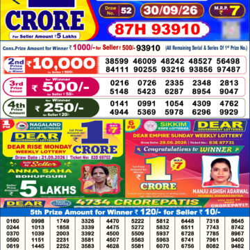 Dear Lottery Today Result 6PM 30 09 26