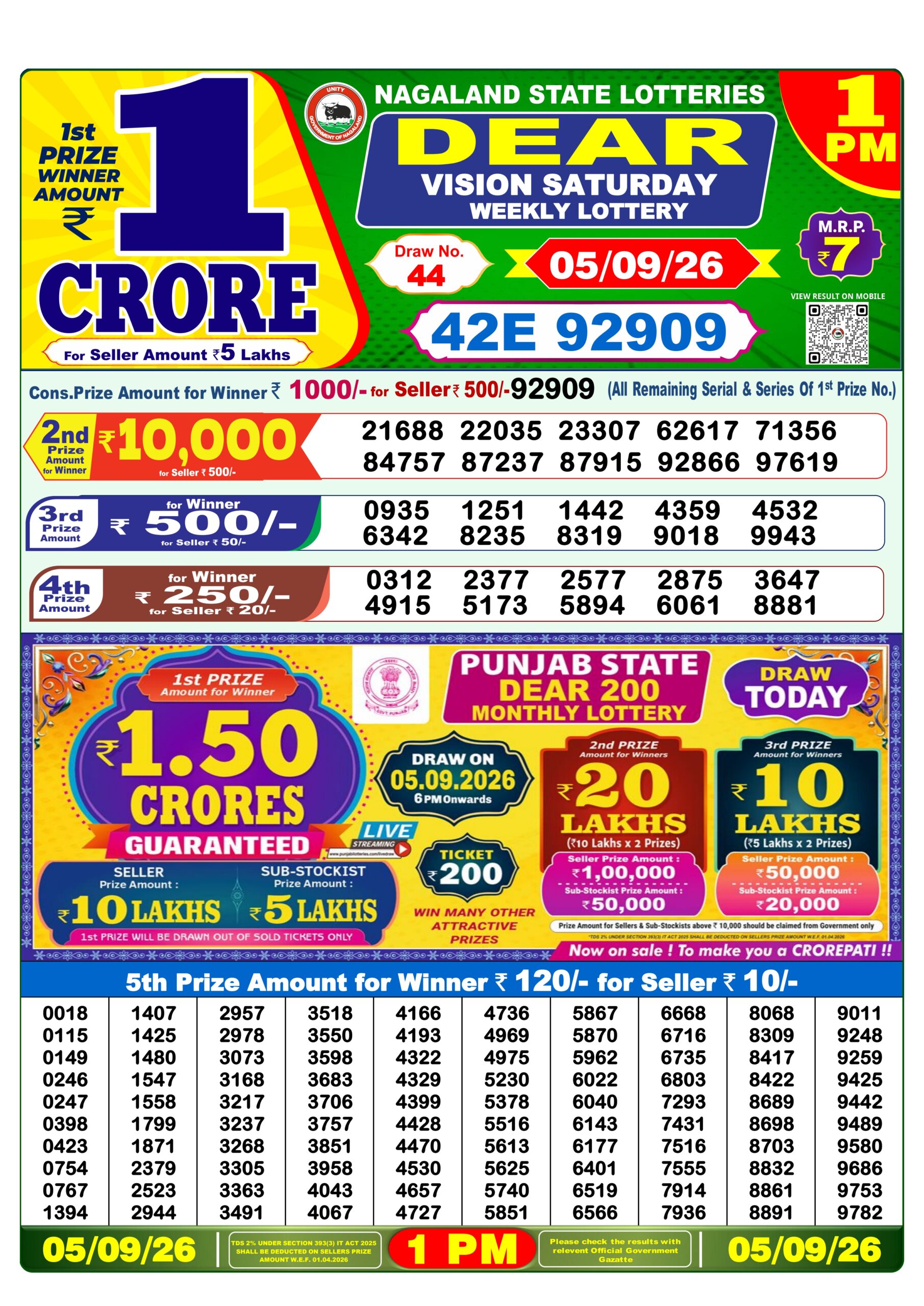 Dear Lottery Result Today 1PM 05 09 26
