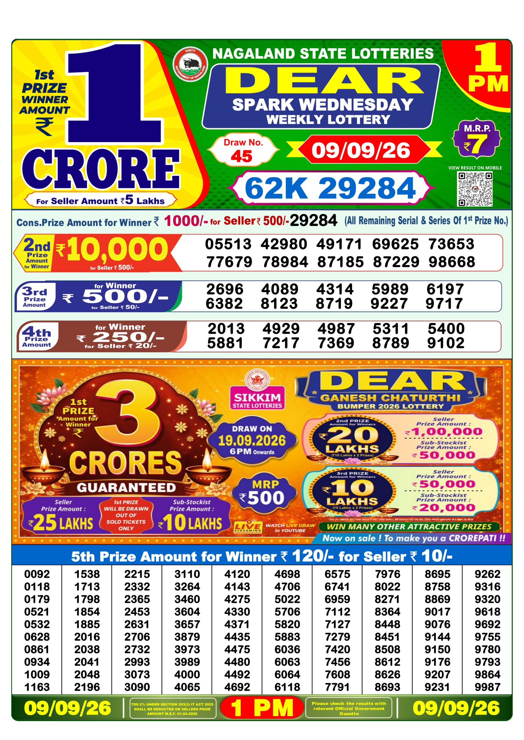 Dear Lottery Result Today 1PM 09 09 26
