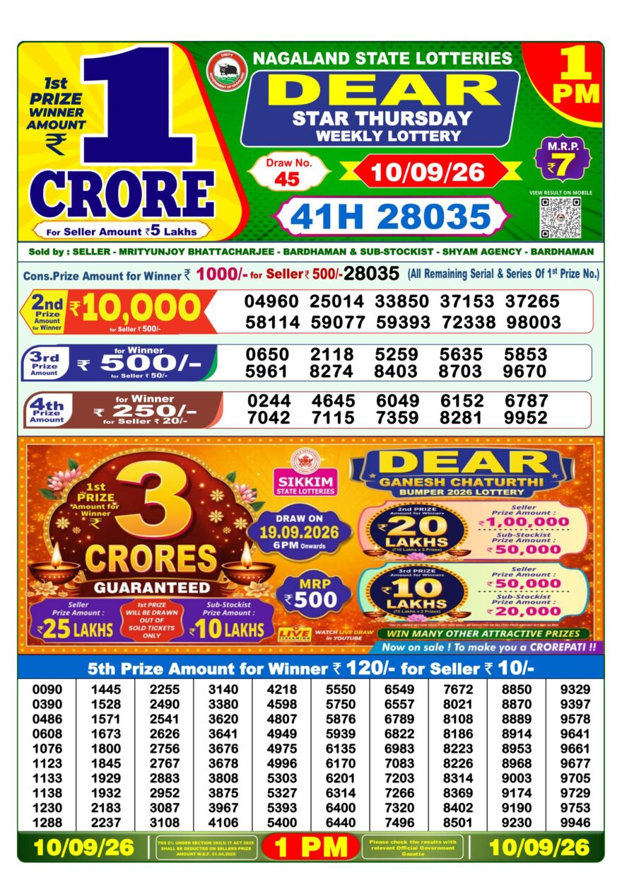 Dear Lottery Result Today 1PM 10 09 26