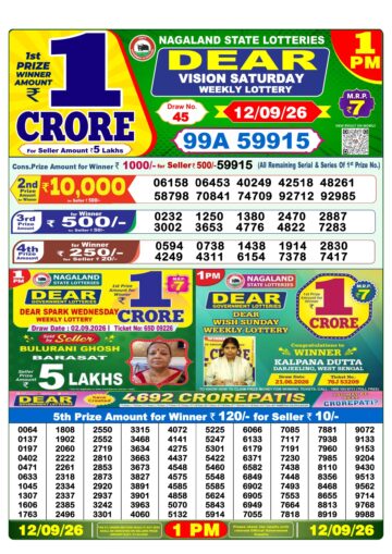 Dear Lottery Result Today 1PM 12 09 26
