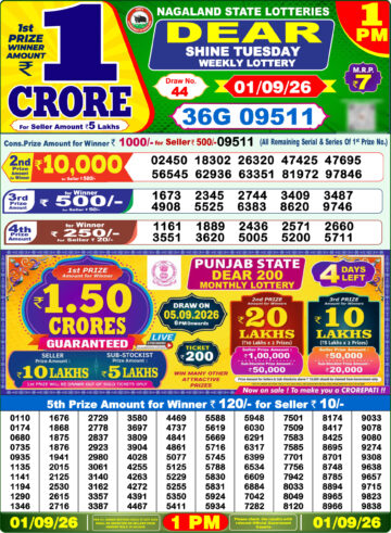 Dear Lottery Result Today 1PM 01 09 26