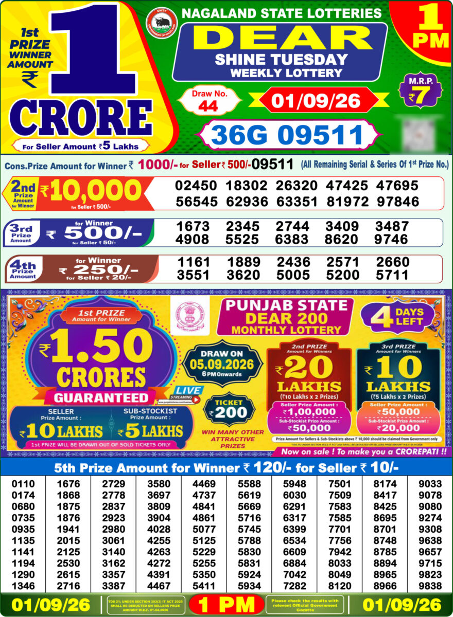 Dear Lottery Result Today 1PM 01 09 26