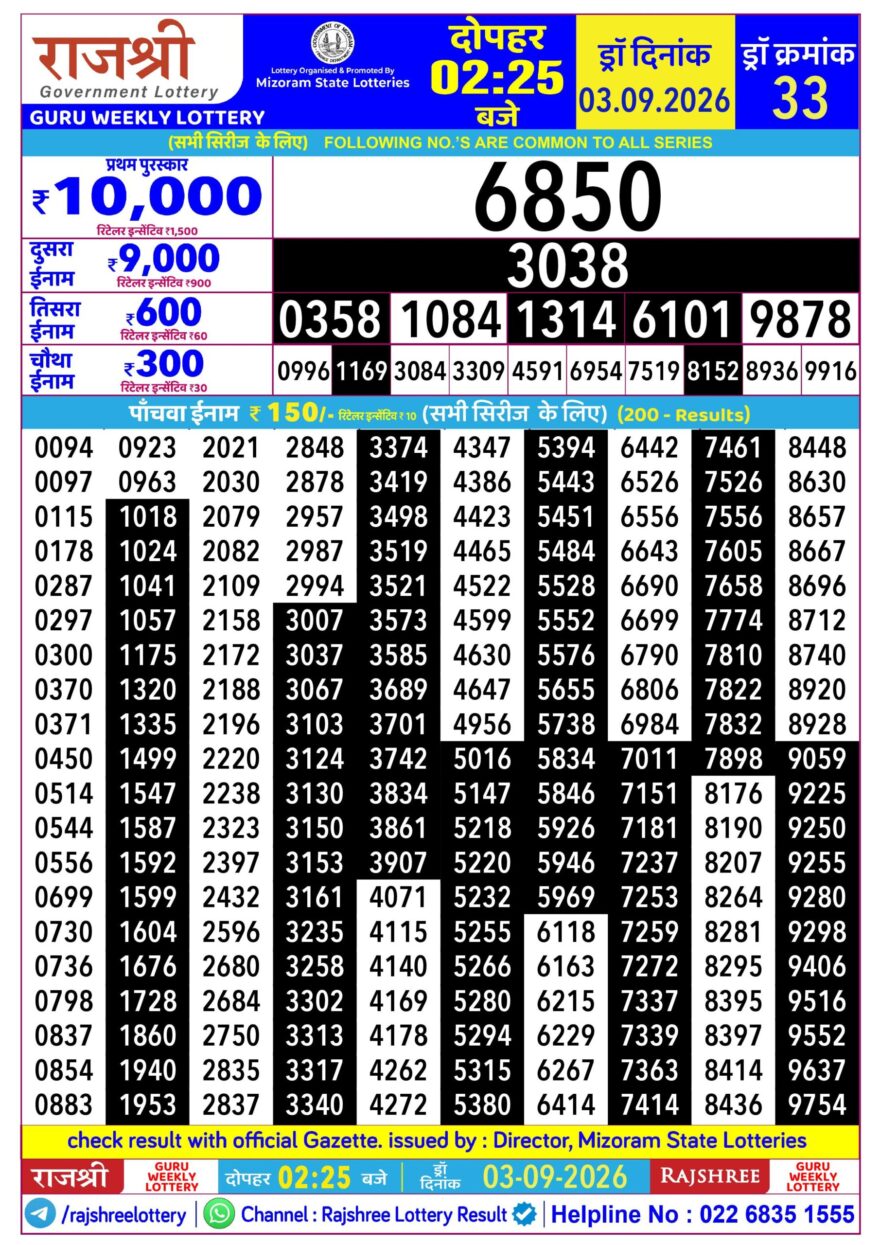 Rajshree Daily 2.25PM Result 03 09 26