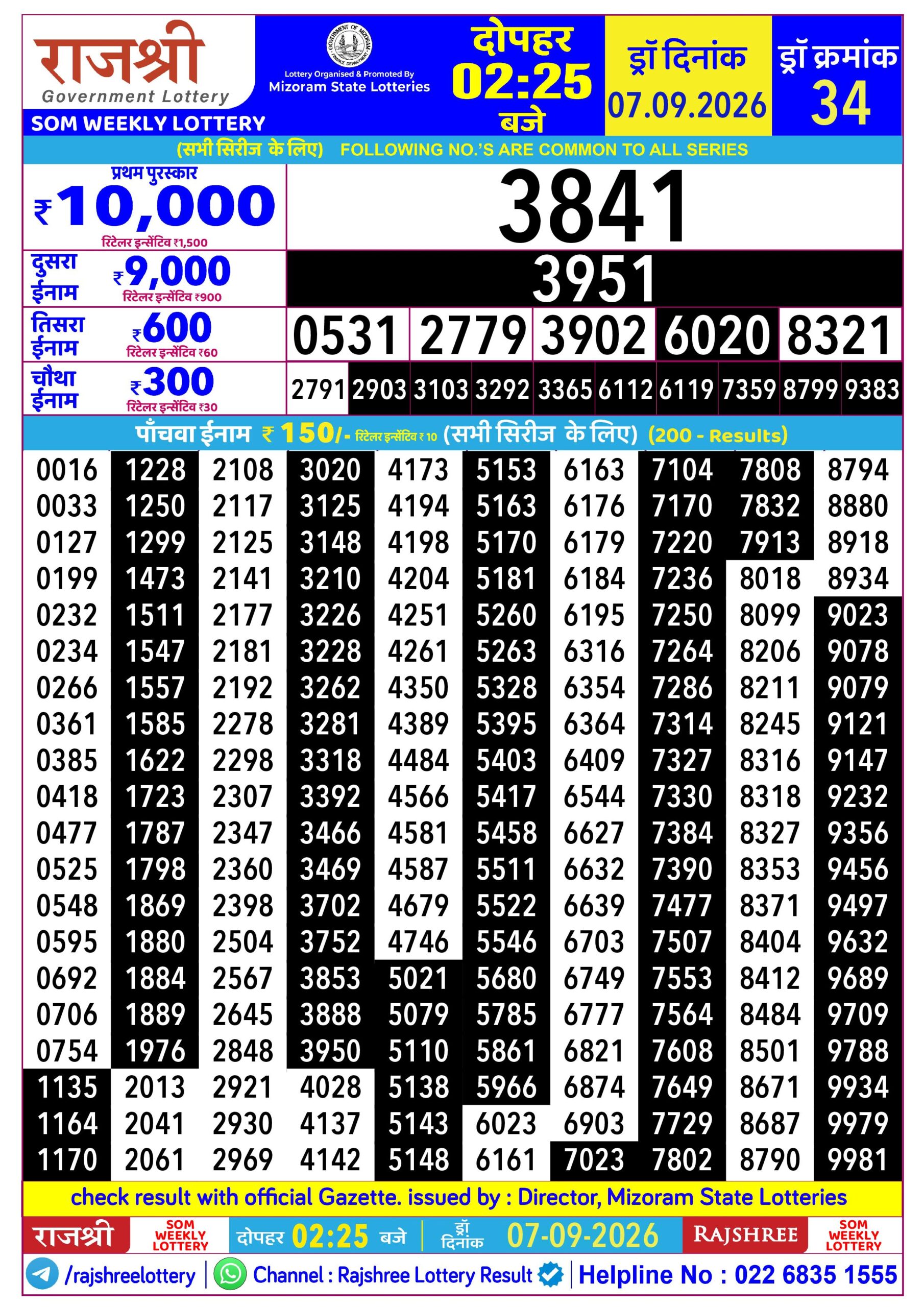Rajshree Daily 2.25PM Result 07 09 26