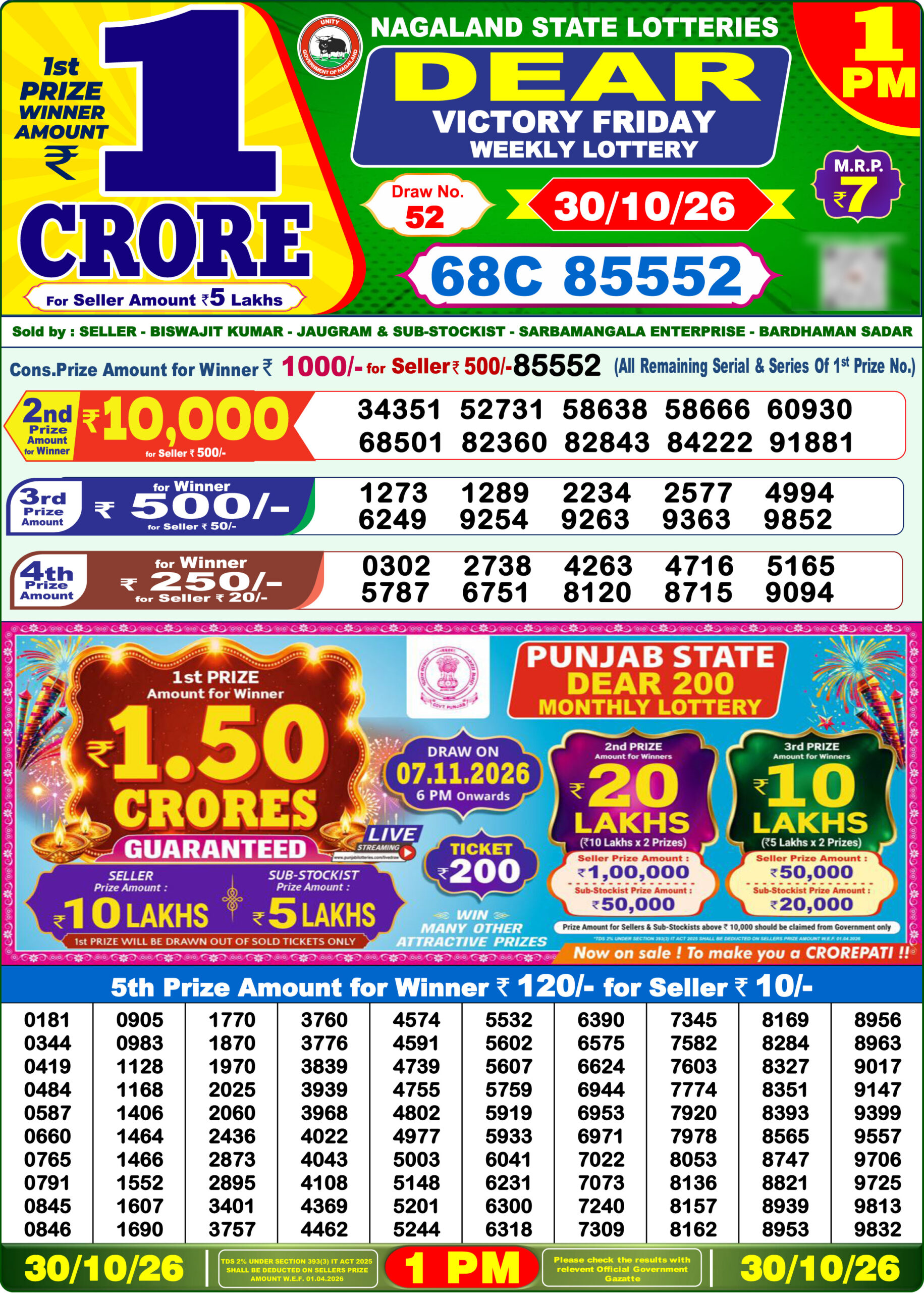 Dear Lottery Result Today 1PM 30 10 26