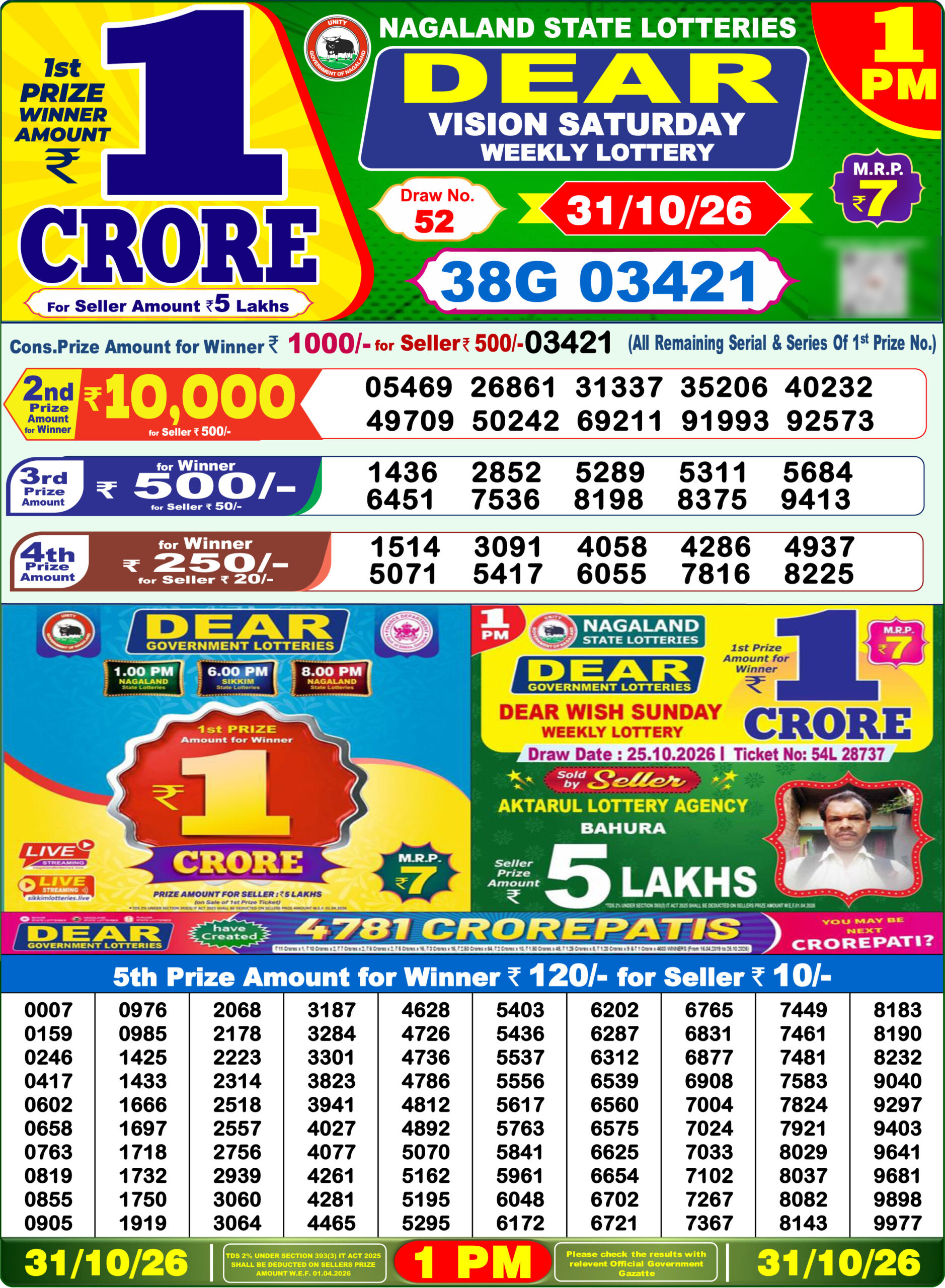 Dear Lottery Result Today 1PM 31 10 26