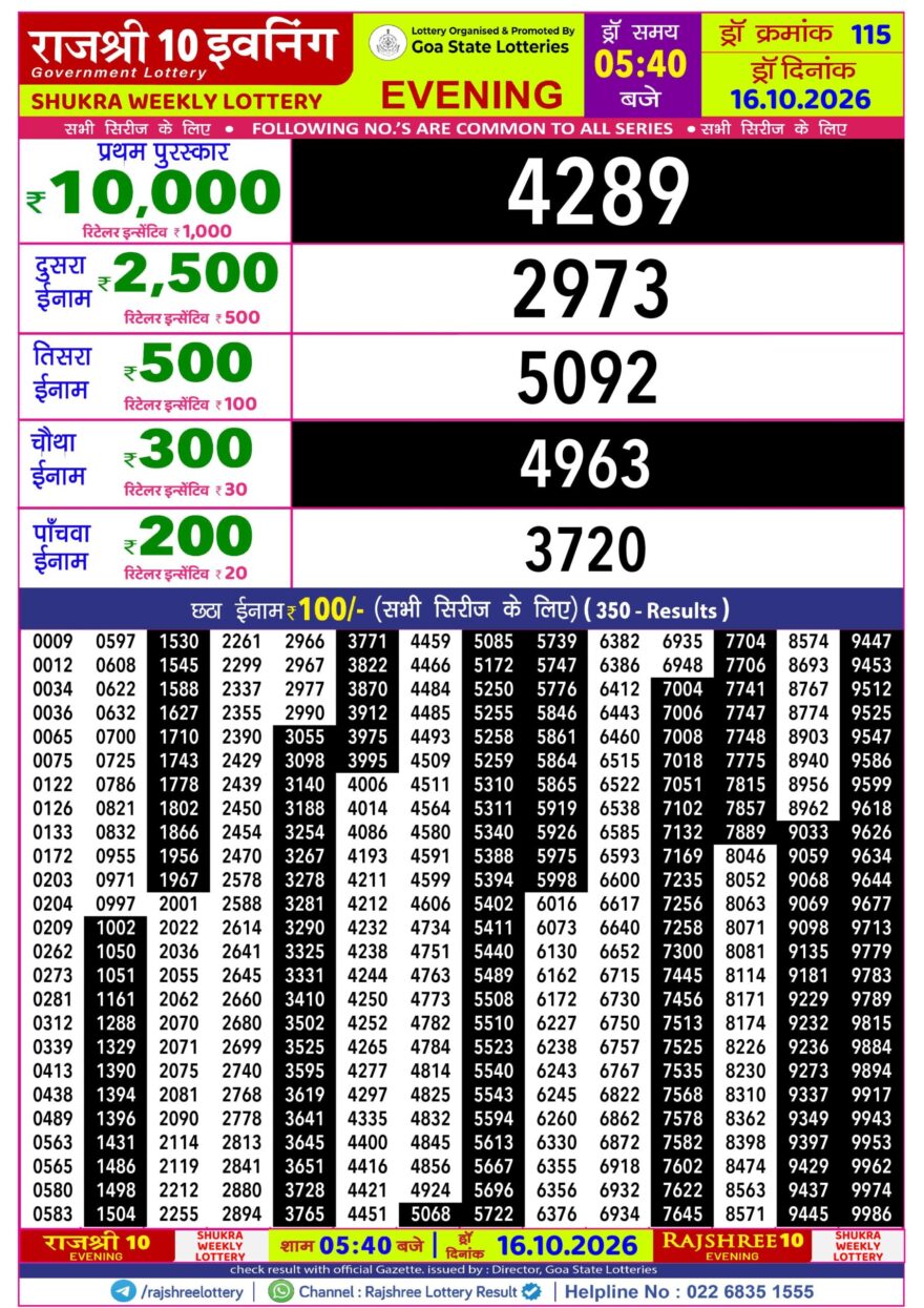 Rajshree 10 Evening 5:40PM Result 16 10 26