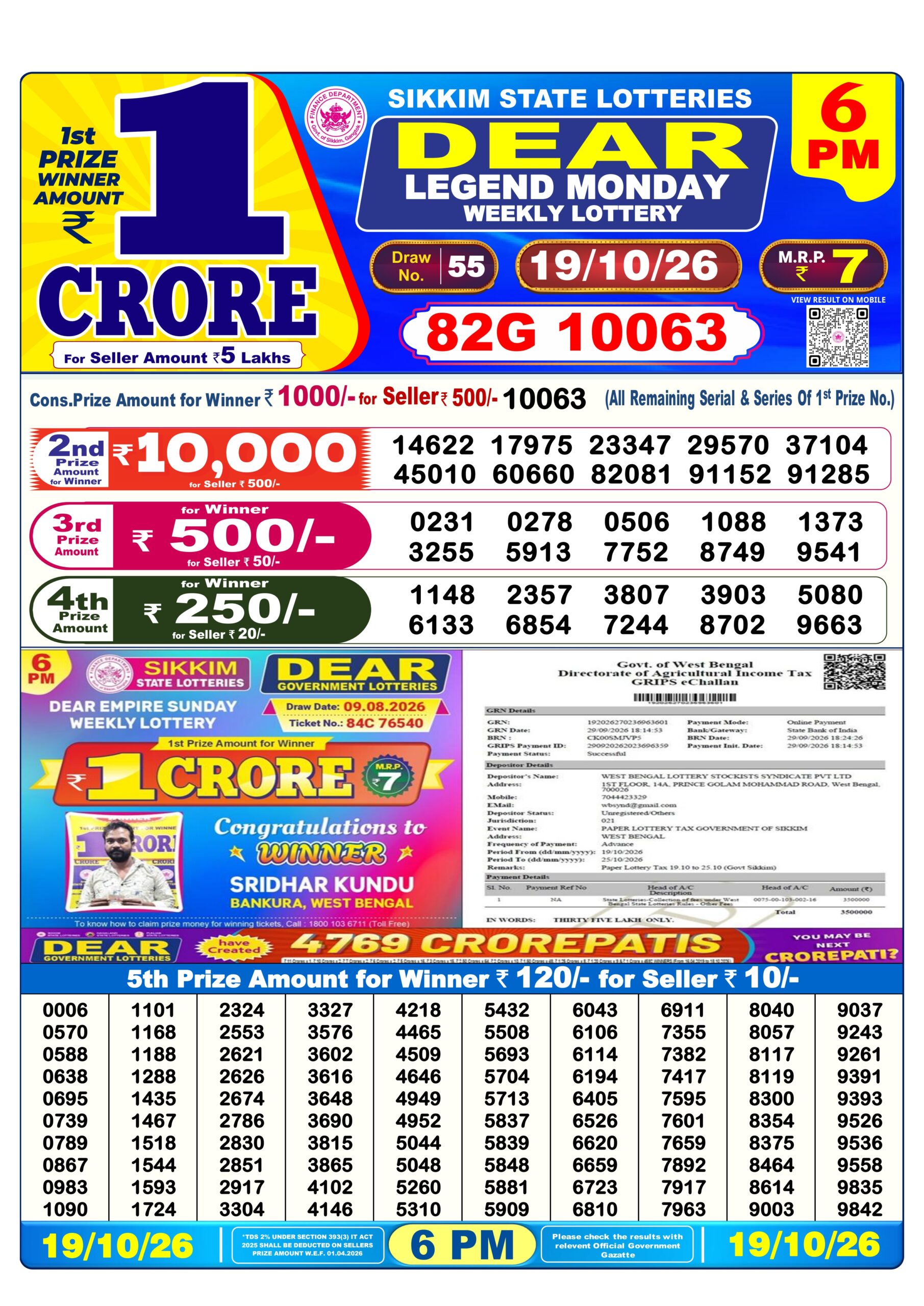 Dear Lottery Today Result 6PM 19 10 26