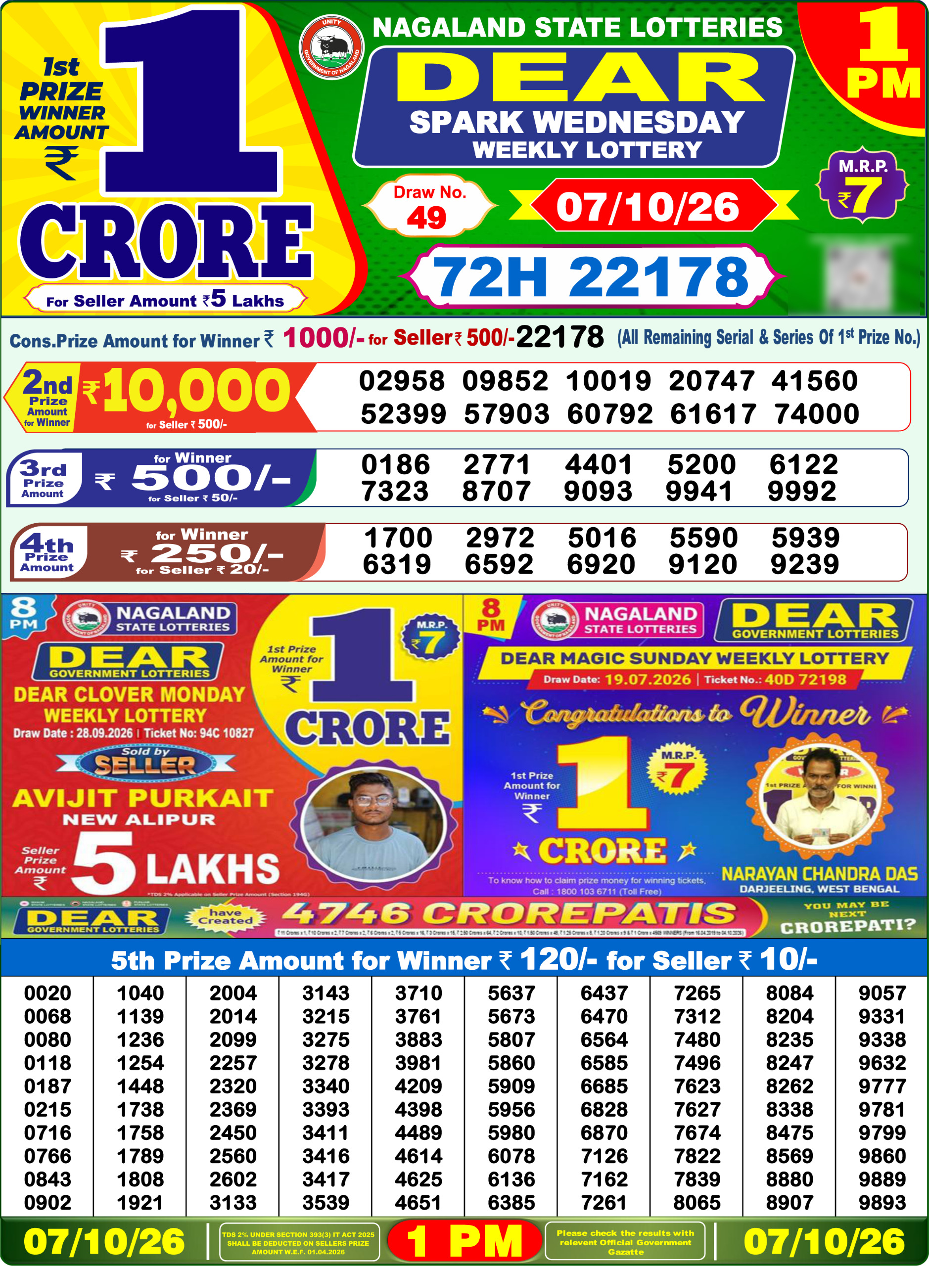 Dear Lottery Result Today 1PM 07 10 26