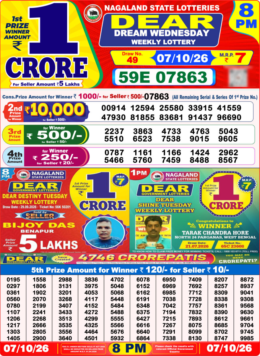 Dear Lottery Result 8PM 07 10 26