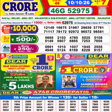 Dear Lottery Result 8PM 10 10 26