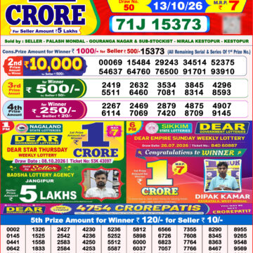 Dear Lottery Result 8PM 13 10 26