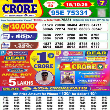 Dear Lottery Result Today 1PM 15 10 26