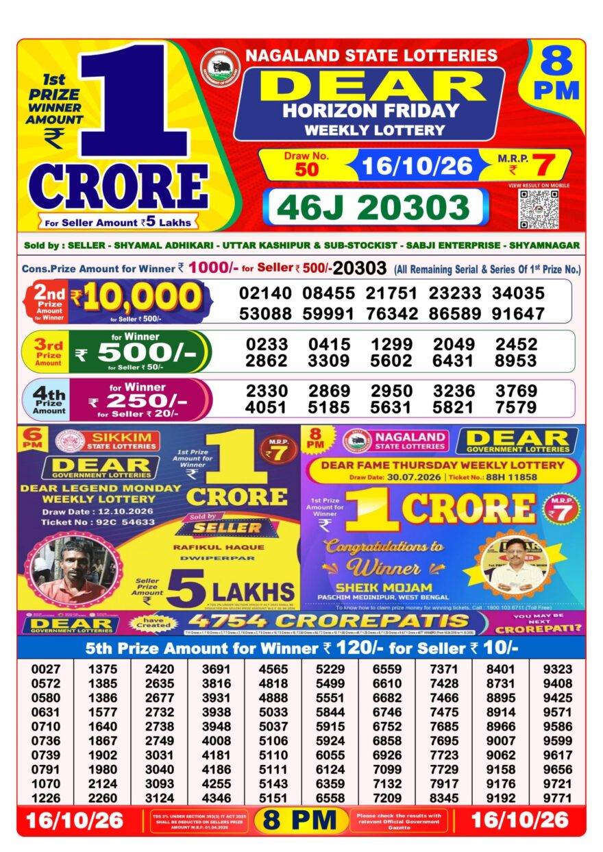 Dear Lottery Result 8PM 16 10 26