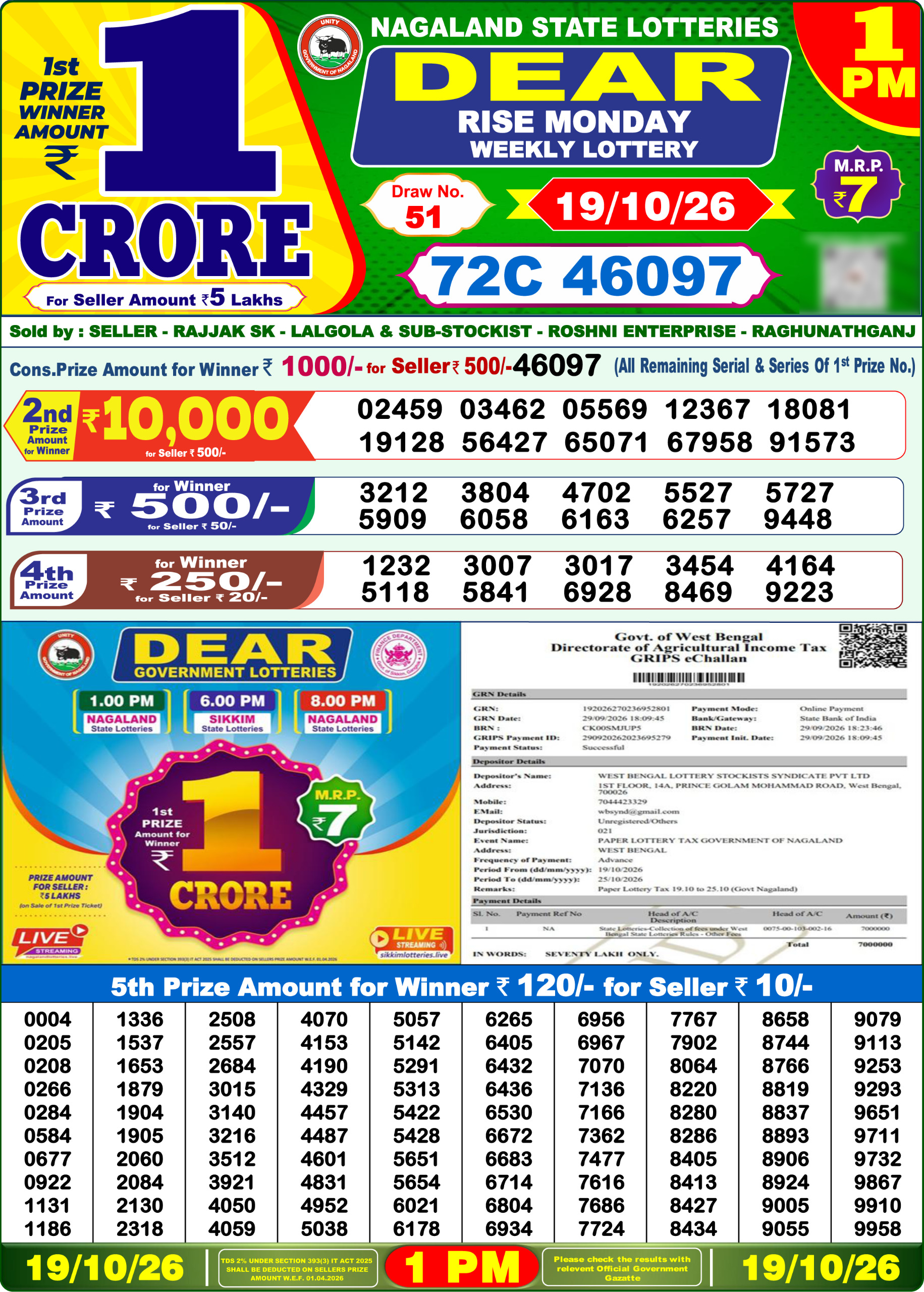 Dear Lottery Result Today 1PM 19 10 26