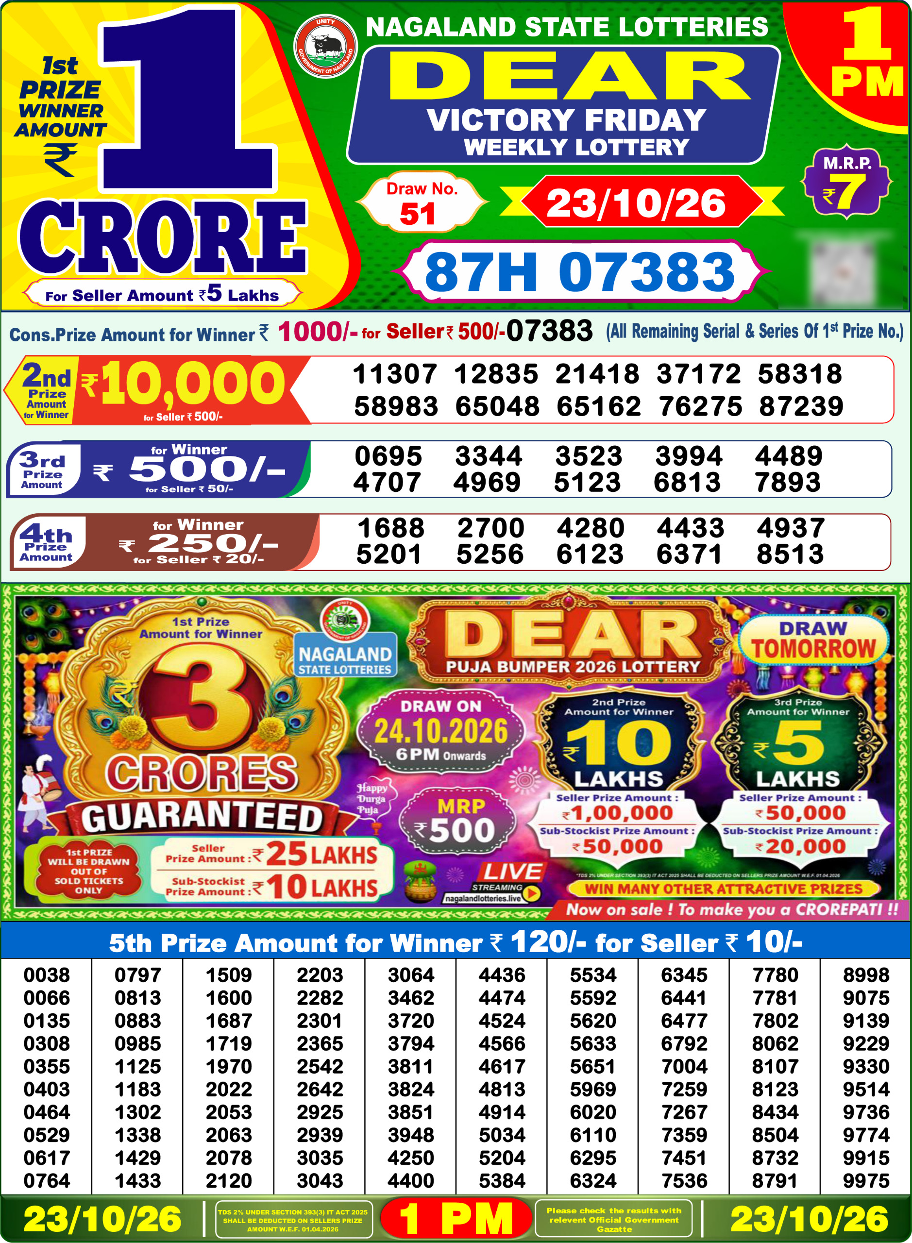 Dear Lottery Result Today 1PM 23 10 26