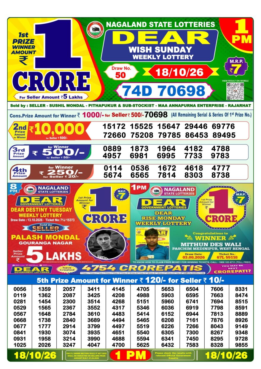 Dear Lottery Result Today 1PM 18 10 26