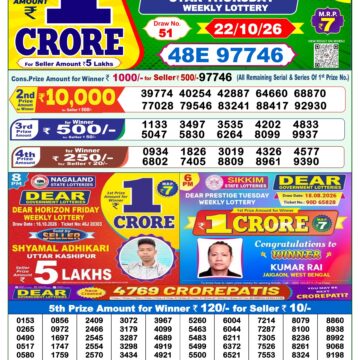 Dear Lottery Result Today 1PM 22 10 26