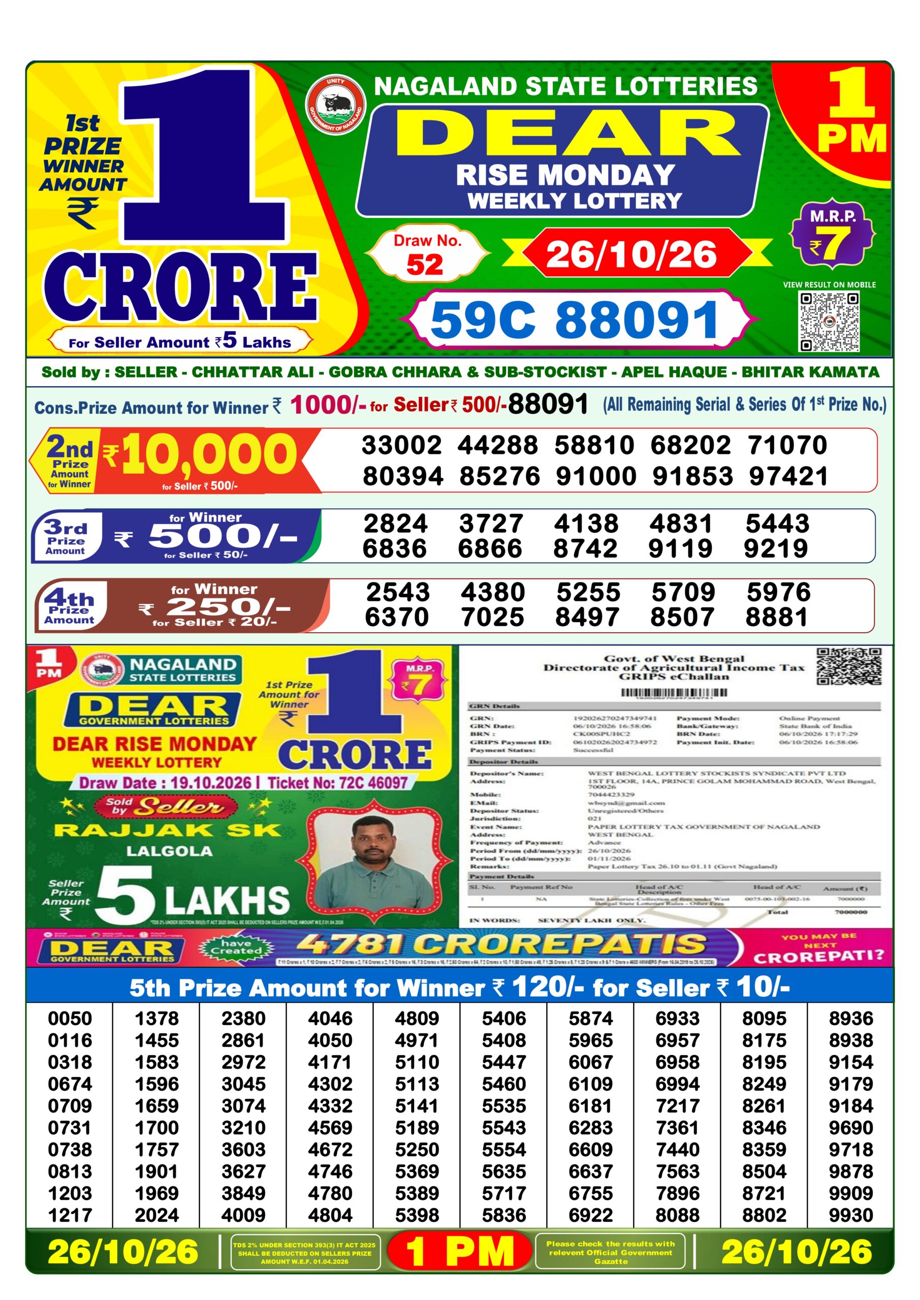 Dear Lottery Result Today 1PM 26 10 26